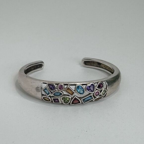 925 Sterling Silver Cuff Bracelet Women's Multicolor Multi Gemstone Crystals - Picture 2 of 5